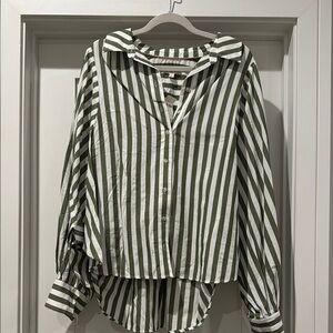 Green and White Striped Button-Up Shirt